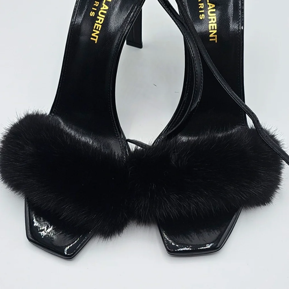 Saint Laurent Black Fur Strap Heels 37 1/2 - Picture 9 of 16
